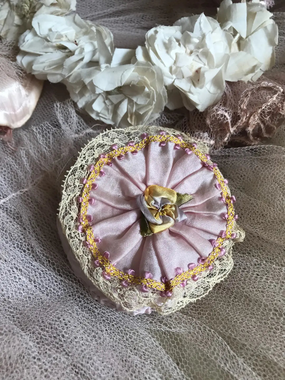 Antique Vintage Ribbonwork Powder Puff Box