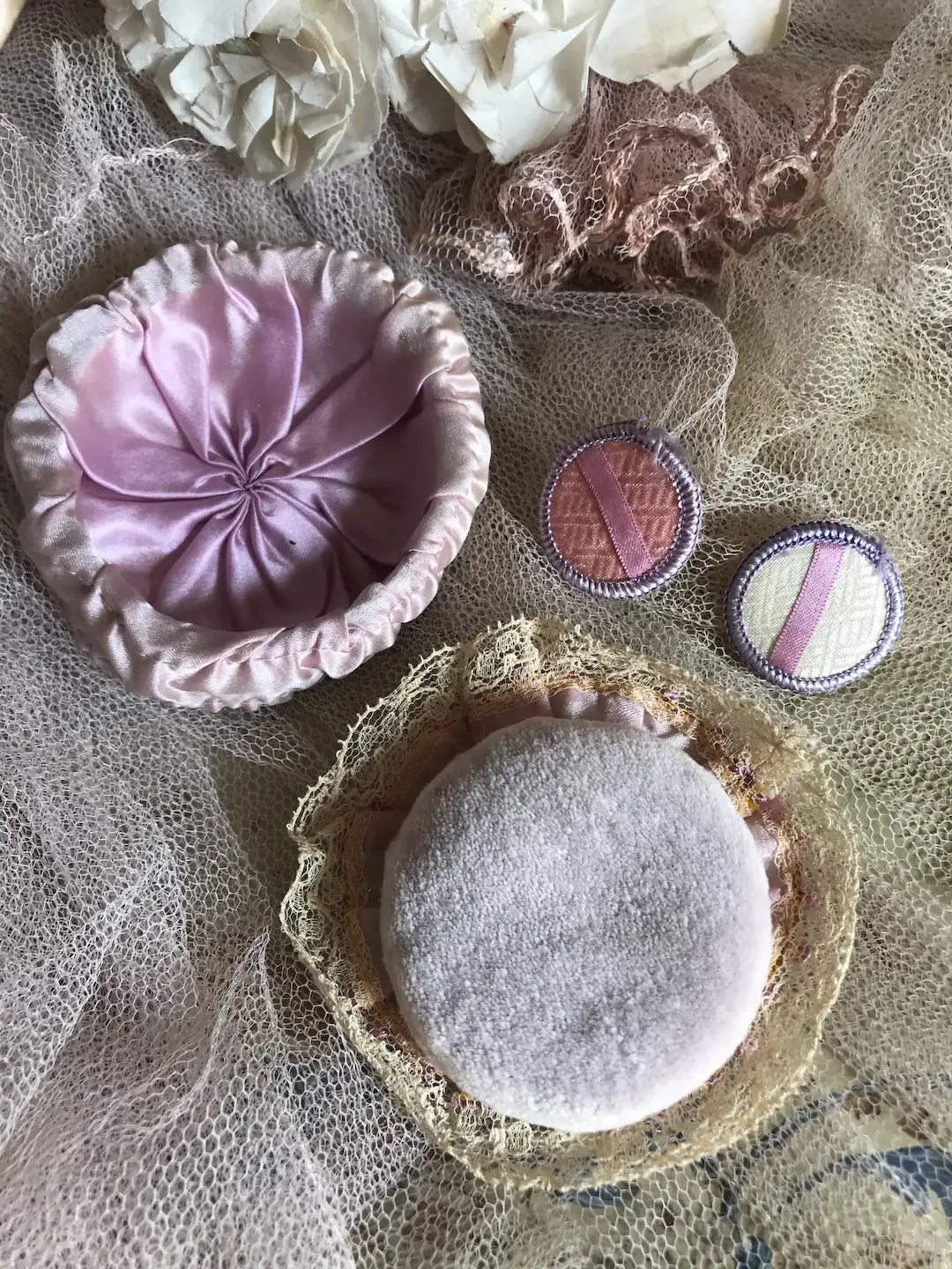 Antique Vintage Ribbonwork Powder Puff Box