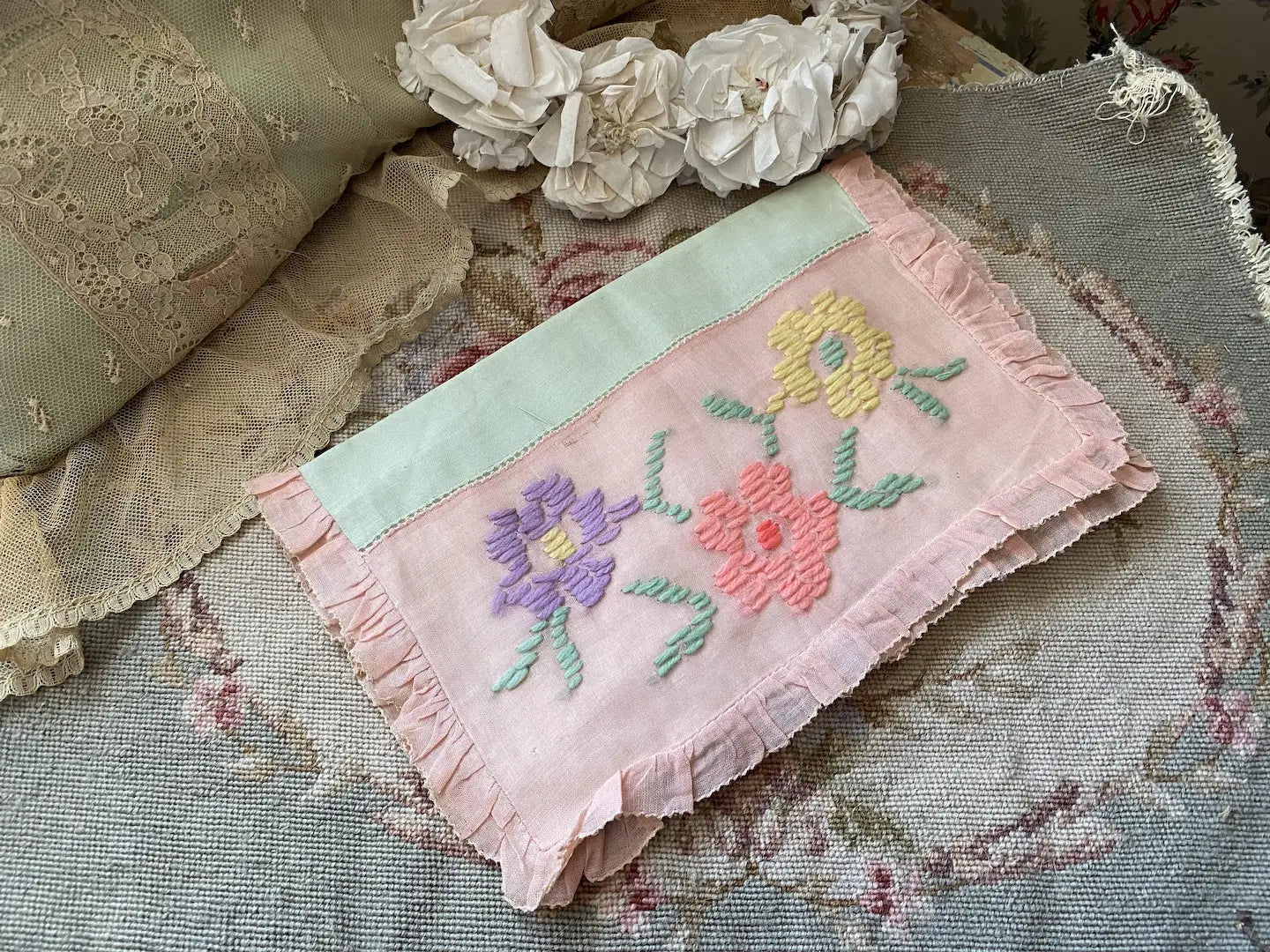 Pair Vintage Pink Ruffled Hankie Holders