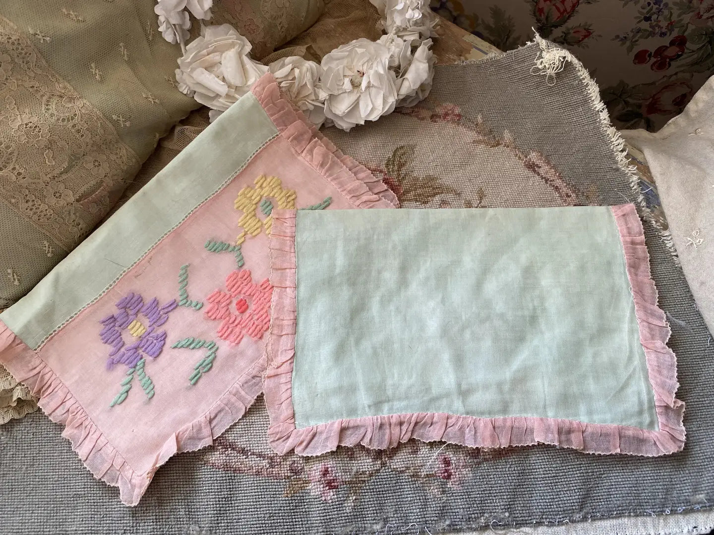 Pair Vintage Pink Ruffled Hankie Holders