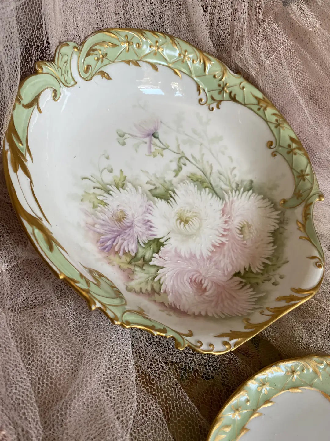 Antique Limoges 5pc Shell Plates Pastel Flowers Gilt SIGNED 1894