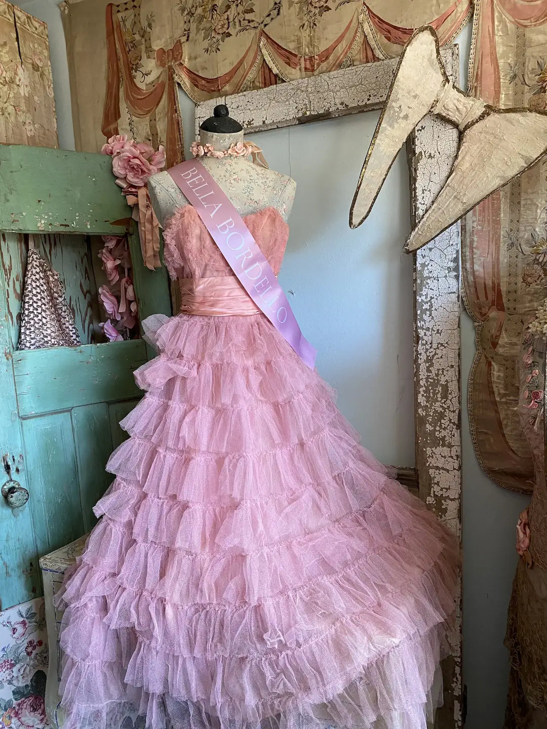Vintage Coral Pink Dress Shabby Chic Tiered Ruffles Tulle Lace