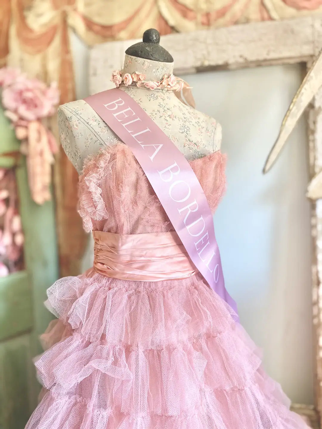 Vintage Coral Pink Dress Shabby Chic Tiered Ruffles Tulle Lace