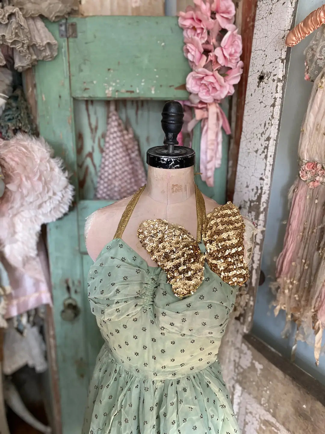 Vintage Ballet Dance Costume Dress Mint Green Sequin Butterfly Lame Halter