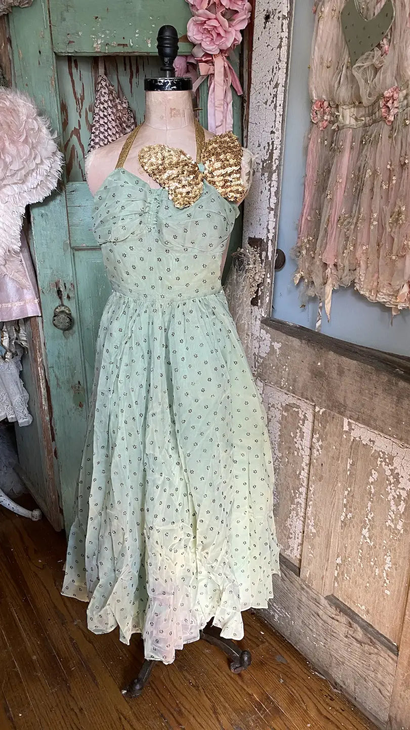Vintage Ballet Dance Costume Dress Mint Green Sequin Butterfly Lame Halter