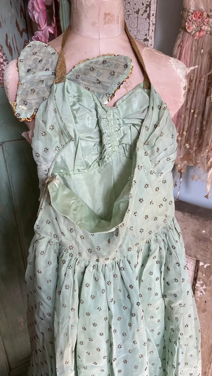 Vintage Ballet Dance Costume Dress Mint Green Sequin Butterfly Lame Halter