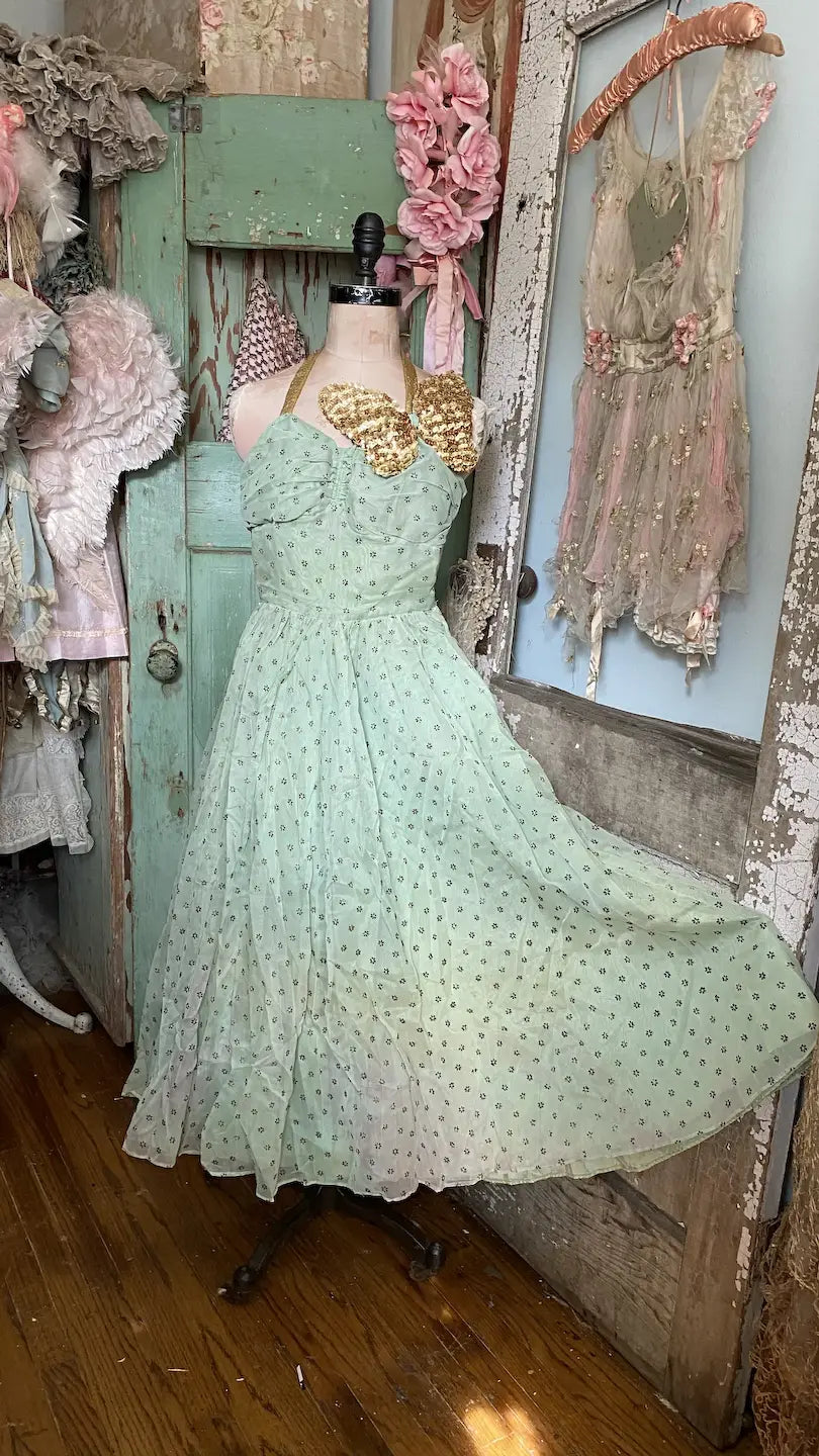 Vintage Ballet Dance Costume Dress Mint Green Sequin Butterfly Lame Halter