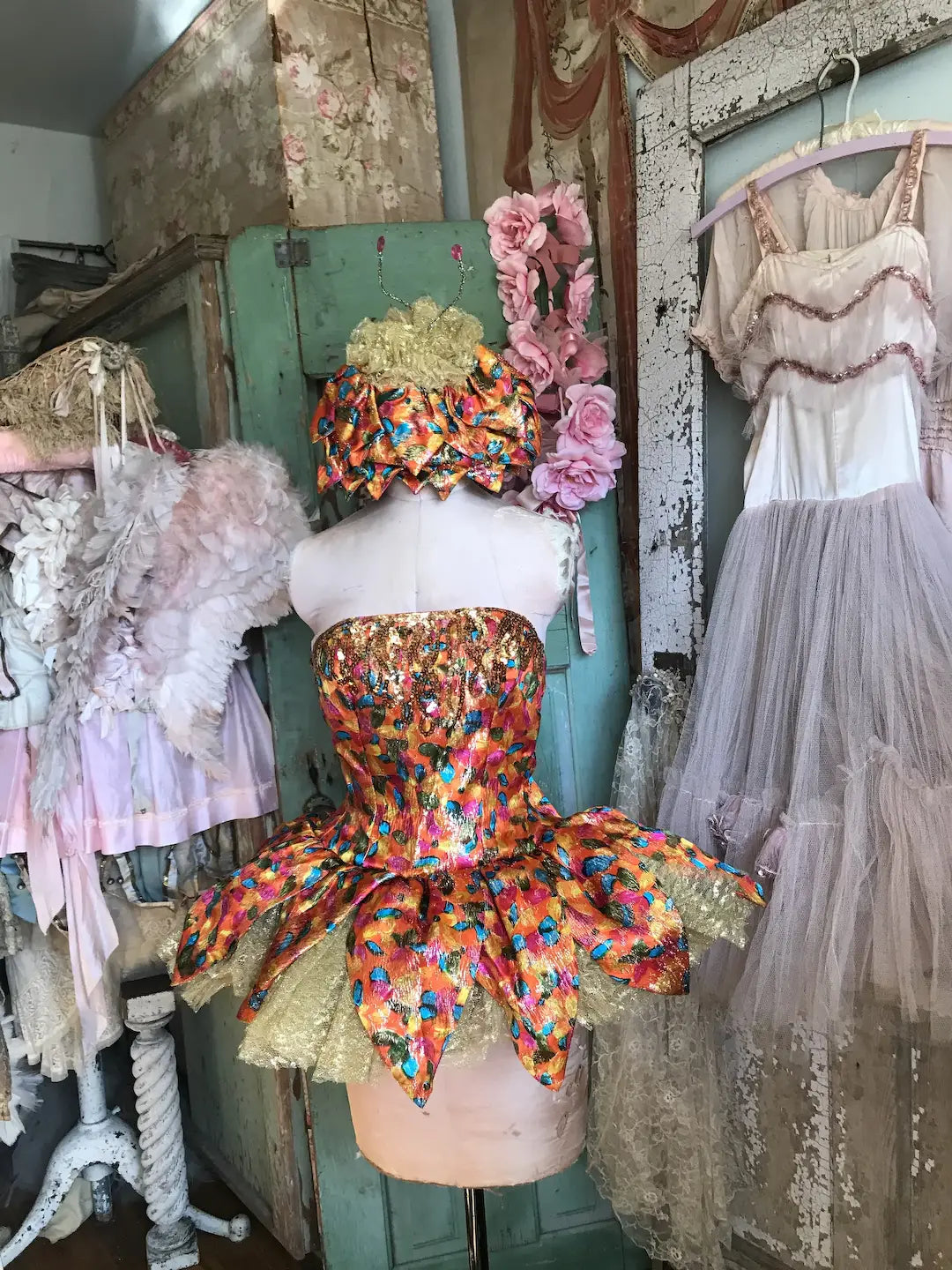 Vintage Ballet Showgirl Costume Rainbow Lamé Tutu Hat