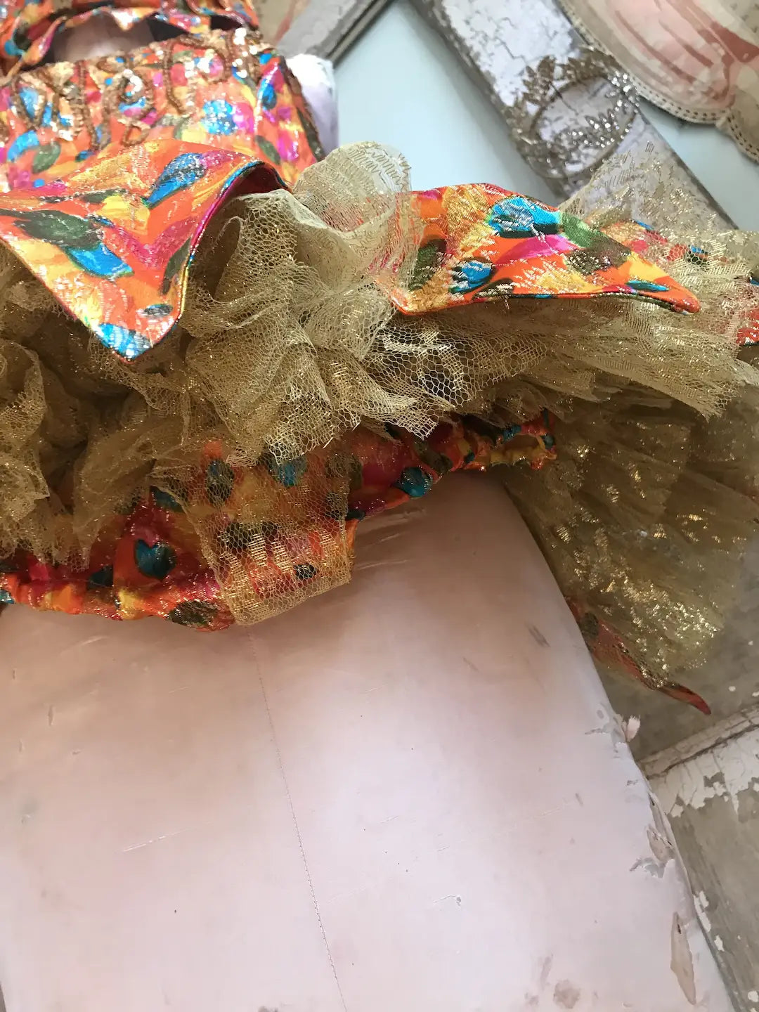 Vintage Ballet Showgirl Costume Rainbow Lamé Tutu Hat