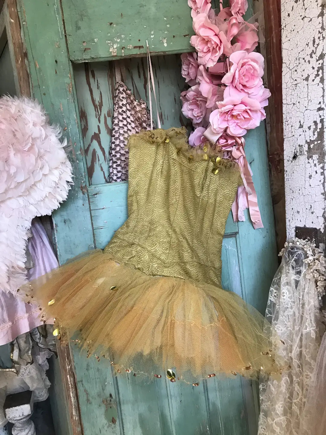 Vintage Ballet Tutu Costume Gold Tulle Lavender Gauze Lace