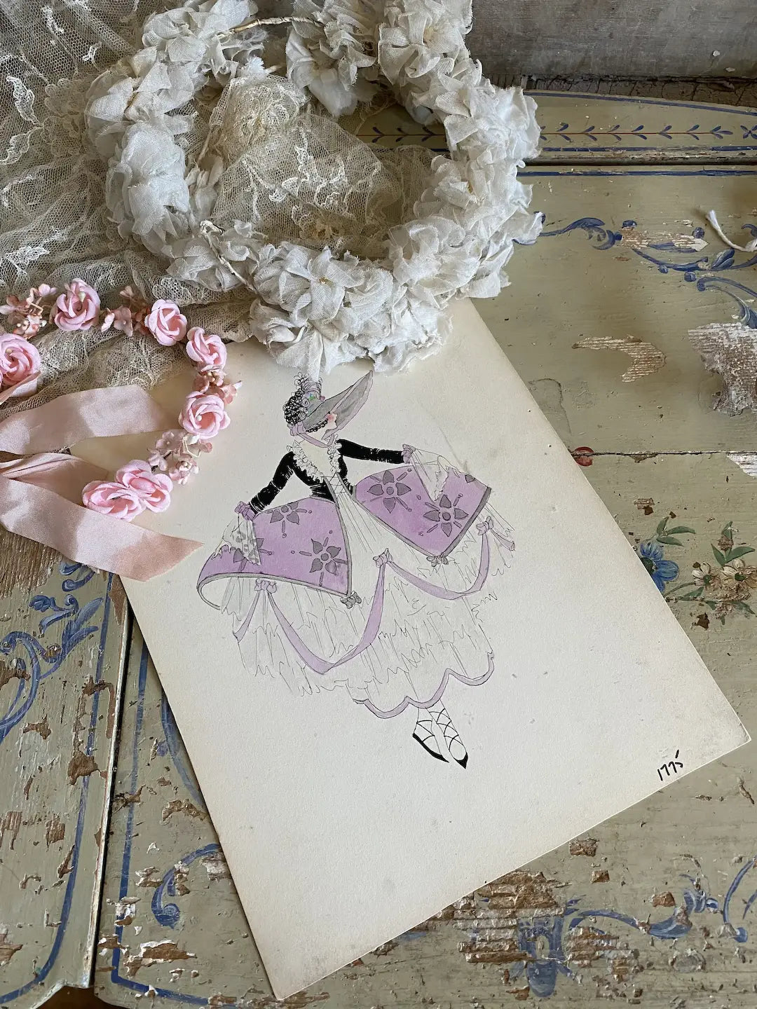 Vintage Costume Sketch c1920-30 Marie Antoinette Era Ballet Shoes