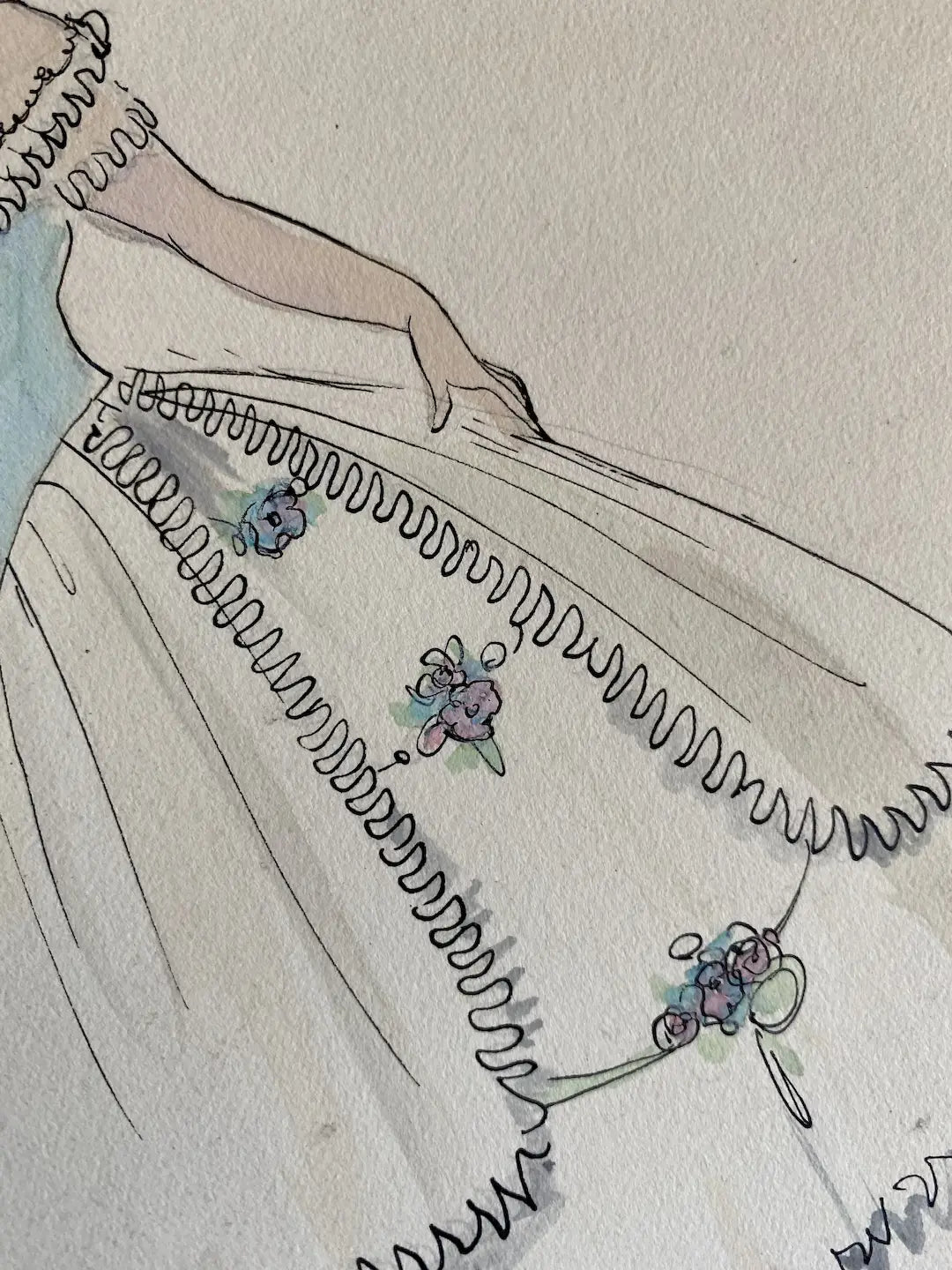 Vintage Costume Sketch c1920-30 Corset Bodice Millinery Flowers