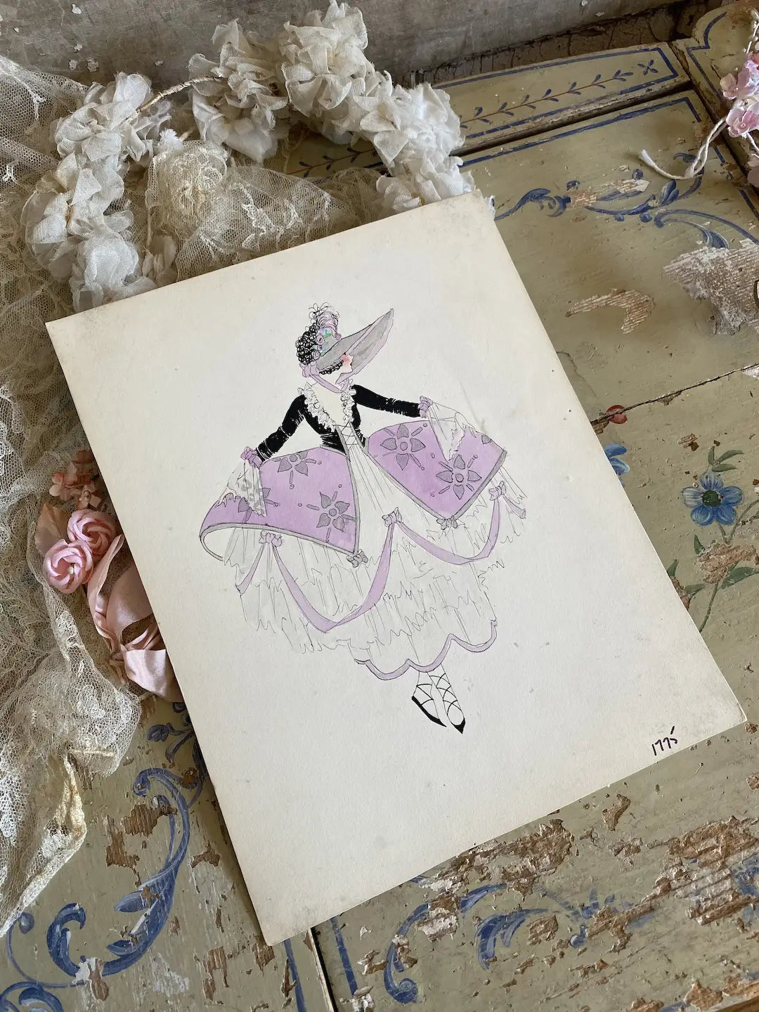 Vintage Costume Sketch c1920-30 Marie Antoinette Era Ballet Shoes