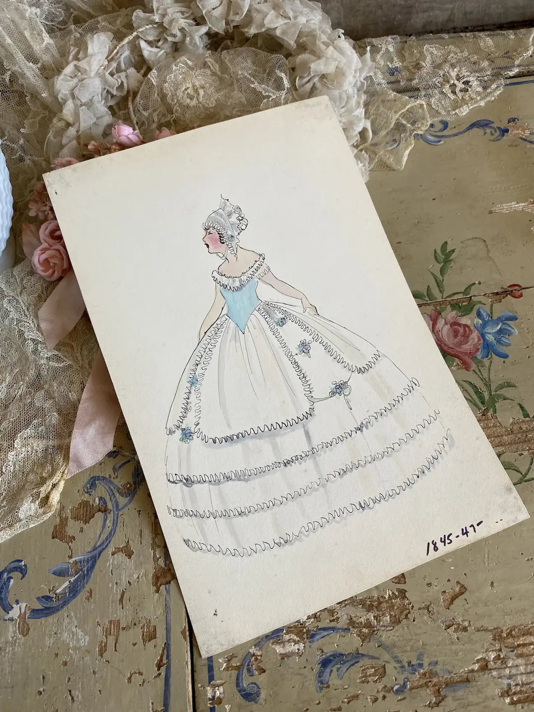Vintage Costume Sketch c1920-30 Corset Bodice Millinery Flowers
