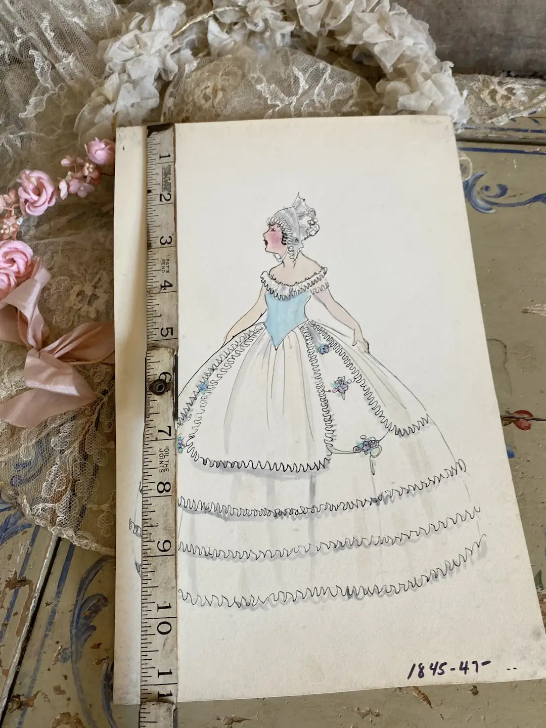 Vintage Costume Sketch c1920-30 Corset Bodice Millinery Flowers