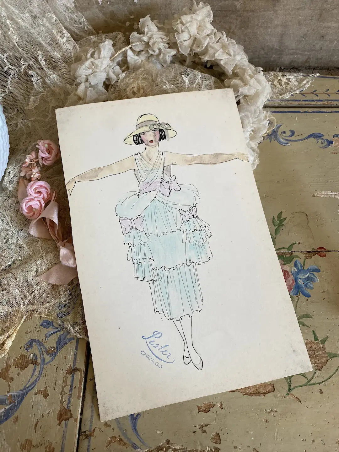 Vintage Costume Sketch c1920-30 Flapper Dress