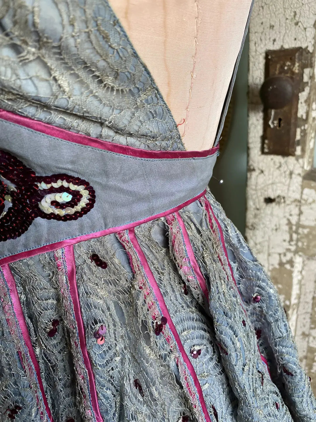 Vintage Burlesque Costume Pink Sequins Peek A Boo Chest