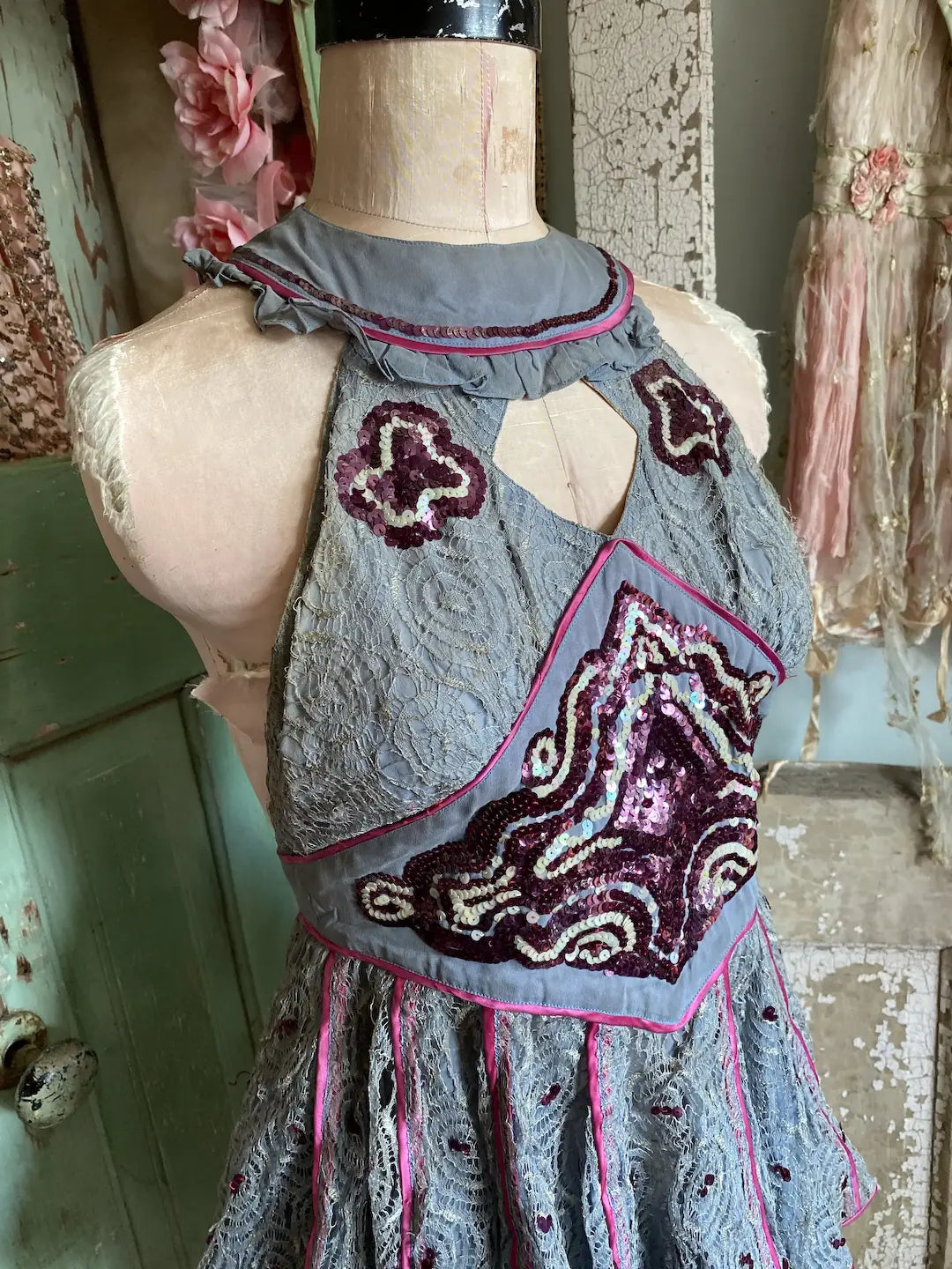 Vintage Burlesque Costume Pink Sequins Peek A Boo Chest