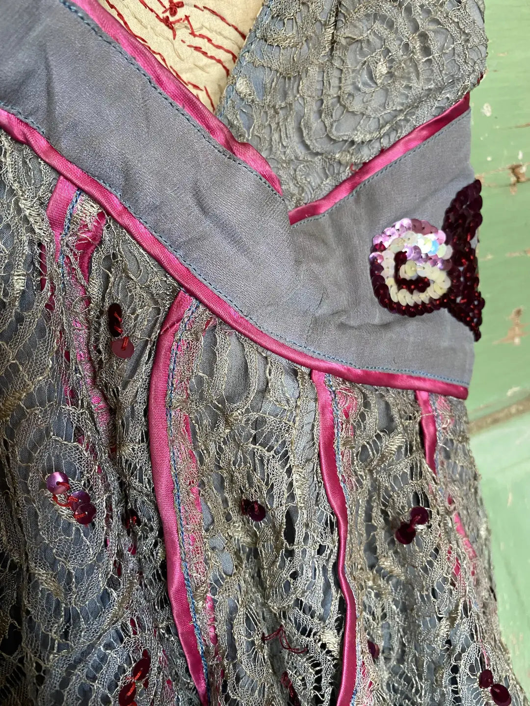 Vintage Burlesque Costume Pink Sequins Peek A Boo Chest