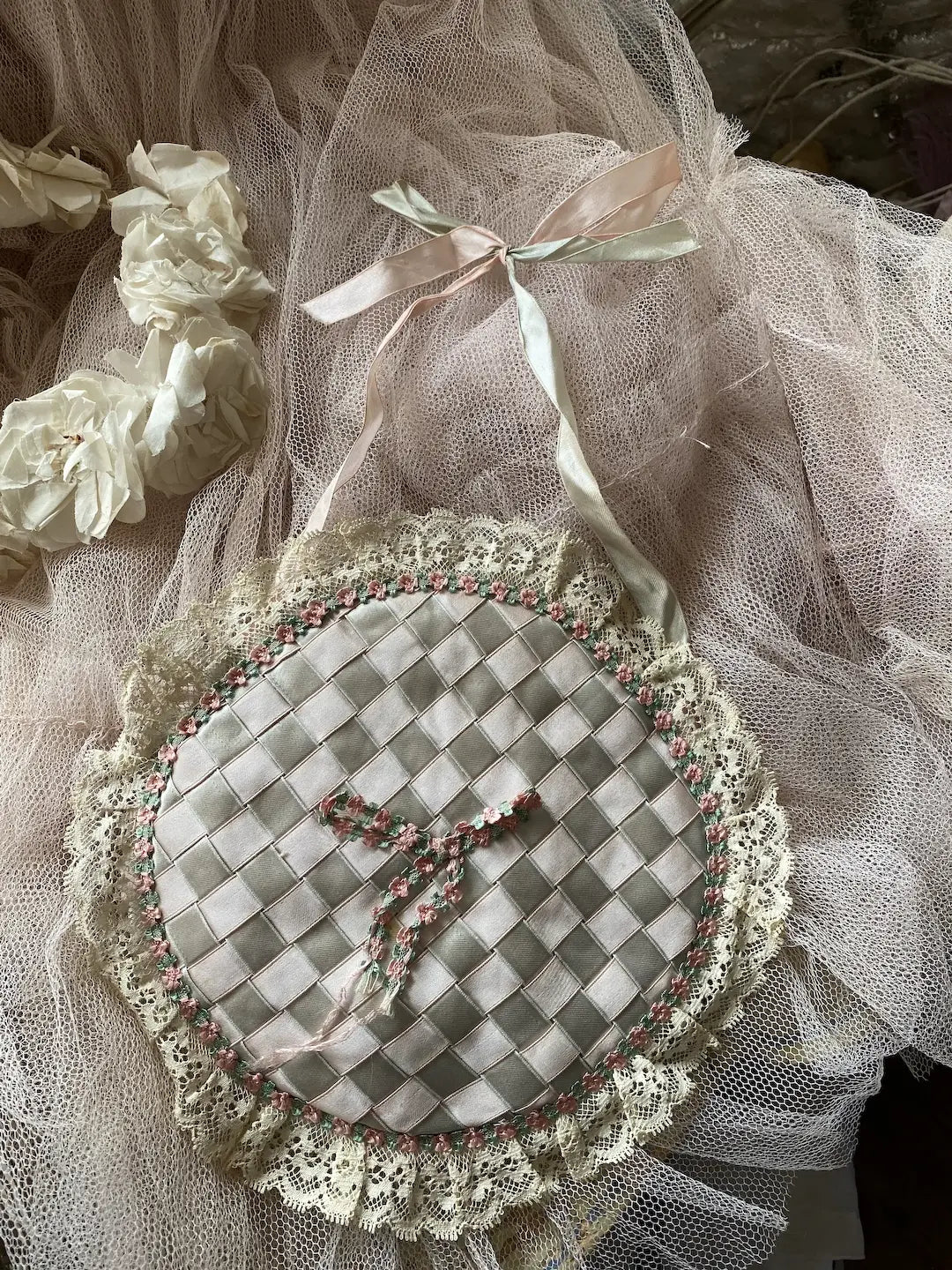 Vintage Delicates Holder Pouch Ribbonwork Pink Lace Trim