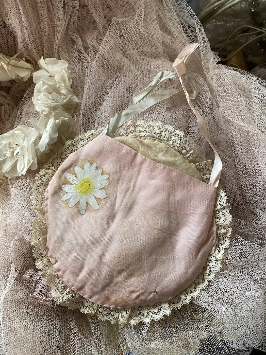 Vintage Delicates Holder Pouch Ribbonwork Pink Lace Trim