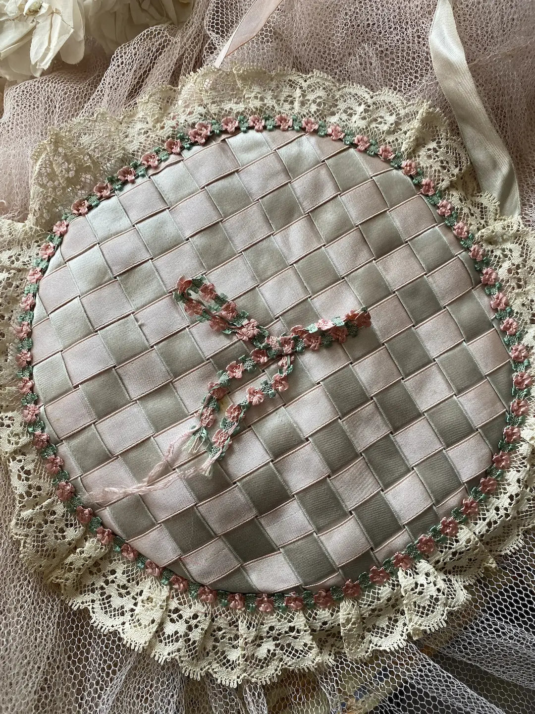 Vintage Delicates Holder Pouch Ribbonwork Pink Lace Trim