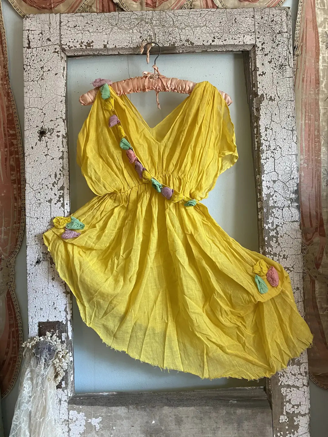 Vintage Yellow Dress Theater Costume Crepe Paper Flowers Sash