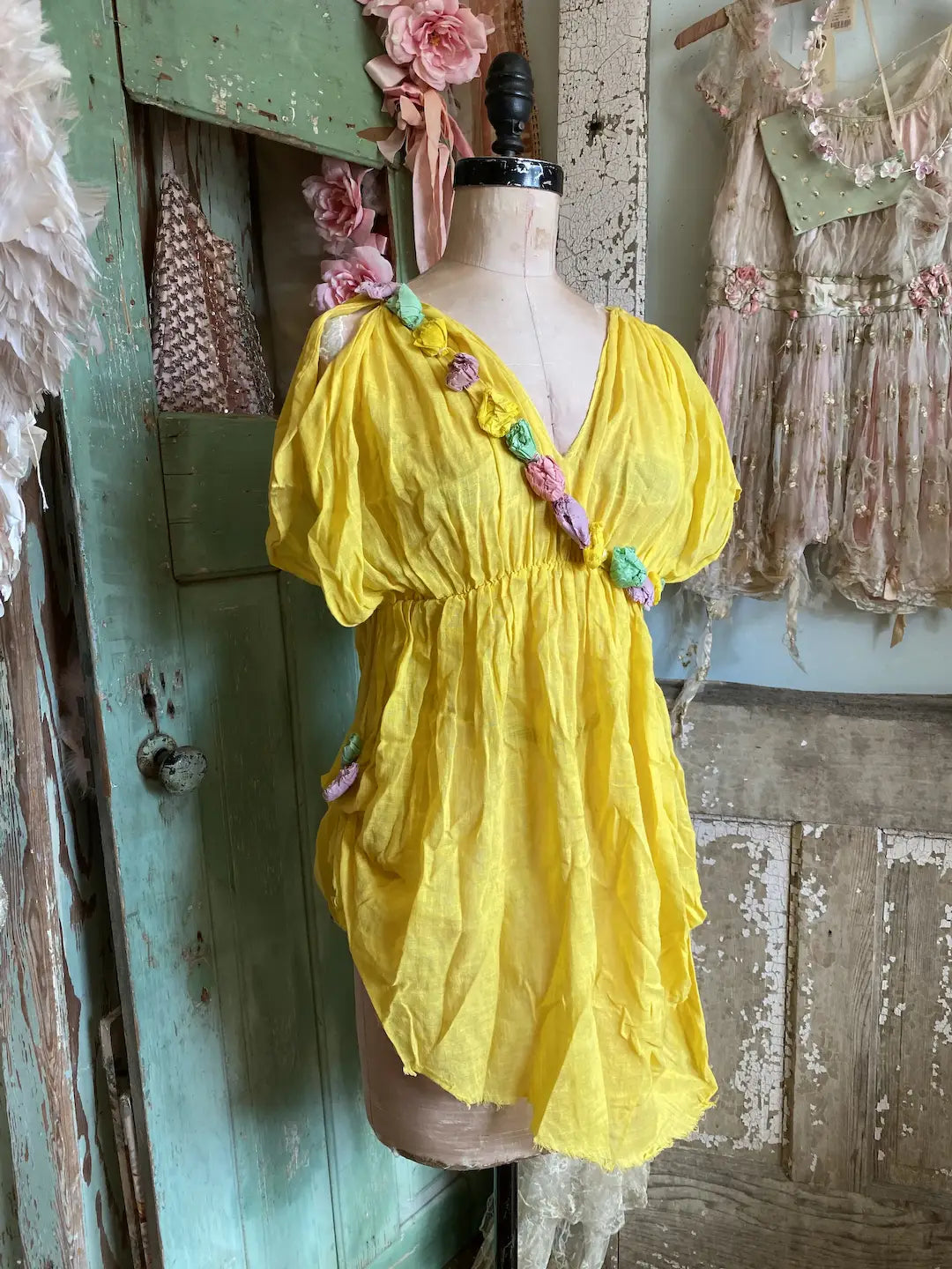 Vintage Yellow Dress Theater Costume Crepe Paper Flowers Sash