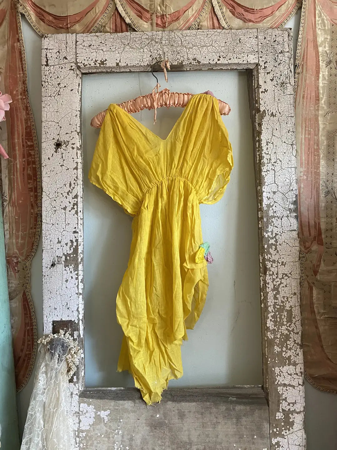 Vintage Yellow Dress Theater Costume Crepe Paper Flowers Sash