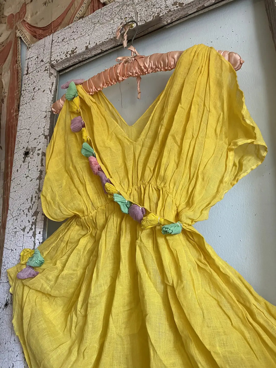 Vintage Yellow Dress Theater Costume Crepe Paper Flowers Sash