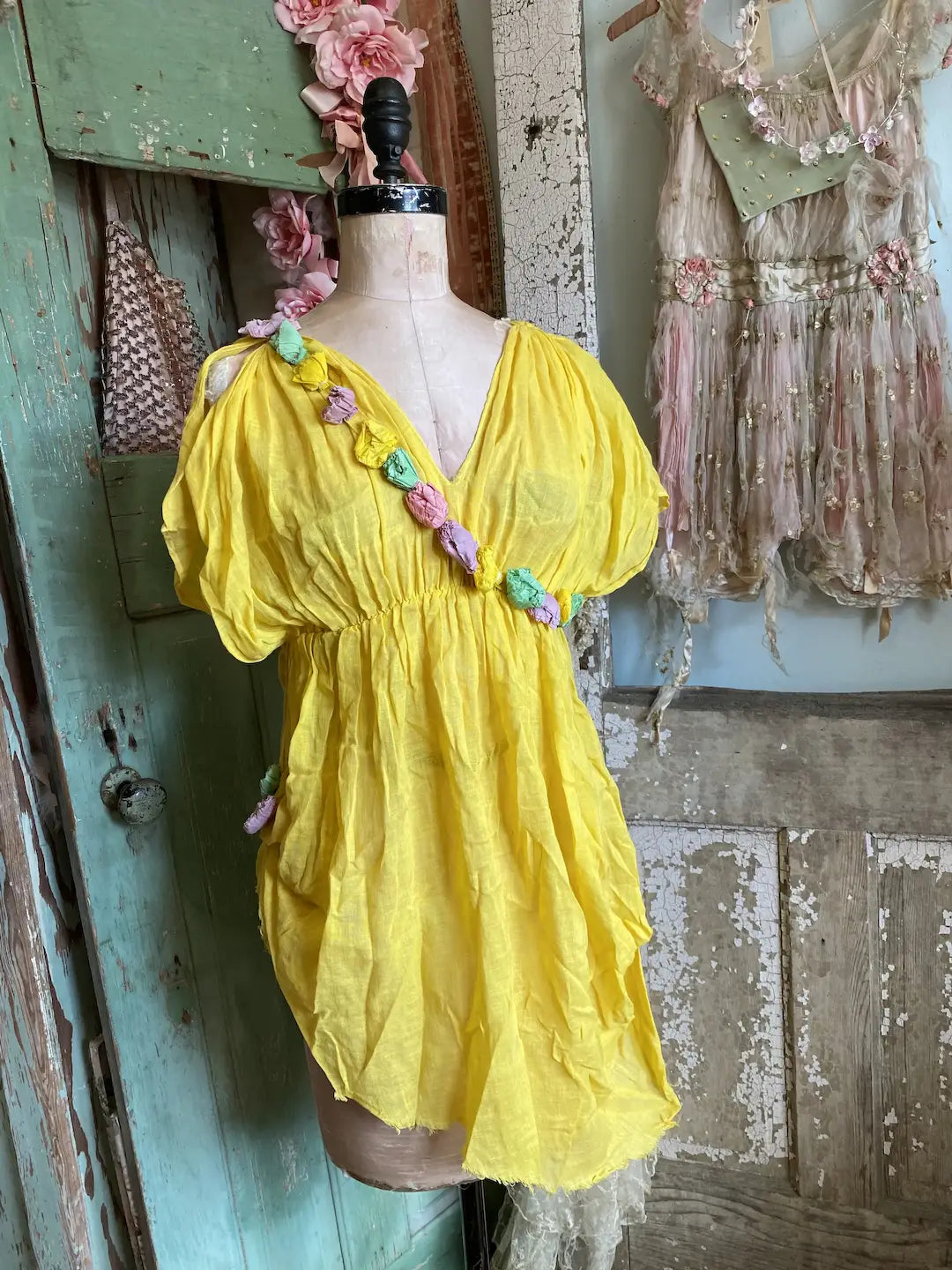 Vintage Yellow Dress Theater Costume Crepe Paper Flowers Sash