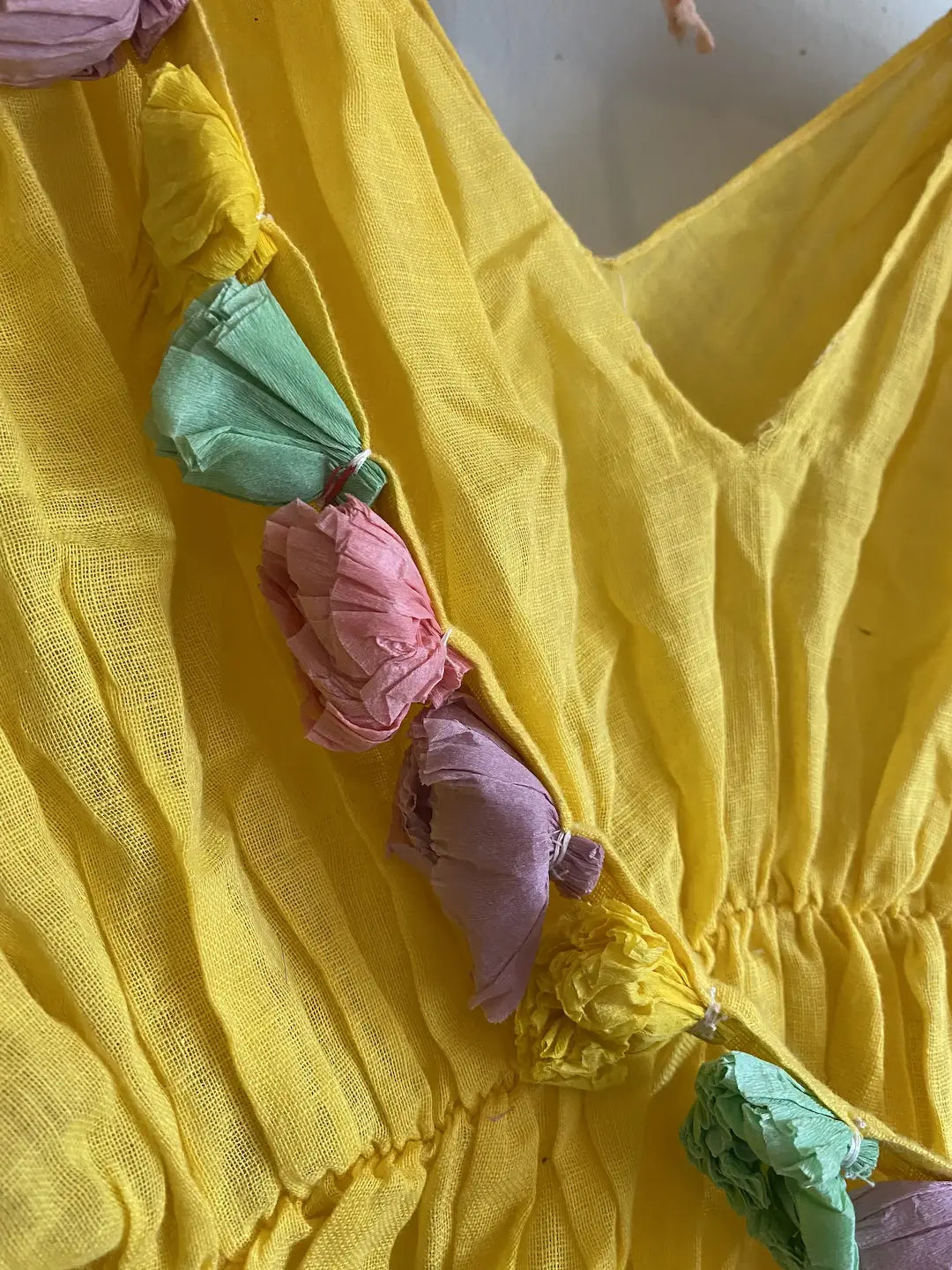 Vintage Yellow Dress Theater Costume Crepe Paper Flowers Sash