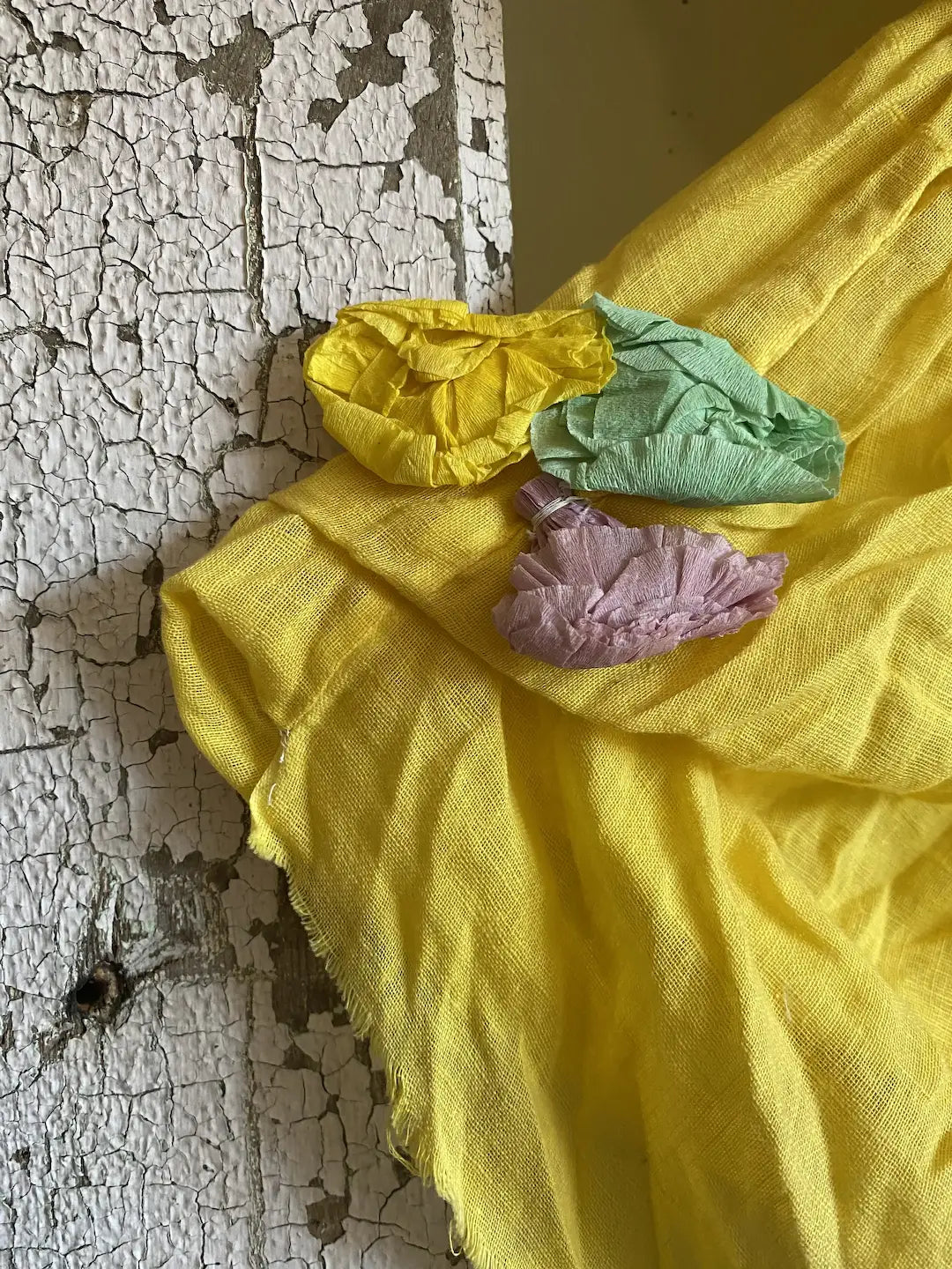 Vintage Yellow Dress Theater Costume Crepe Paper Flowers Sash