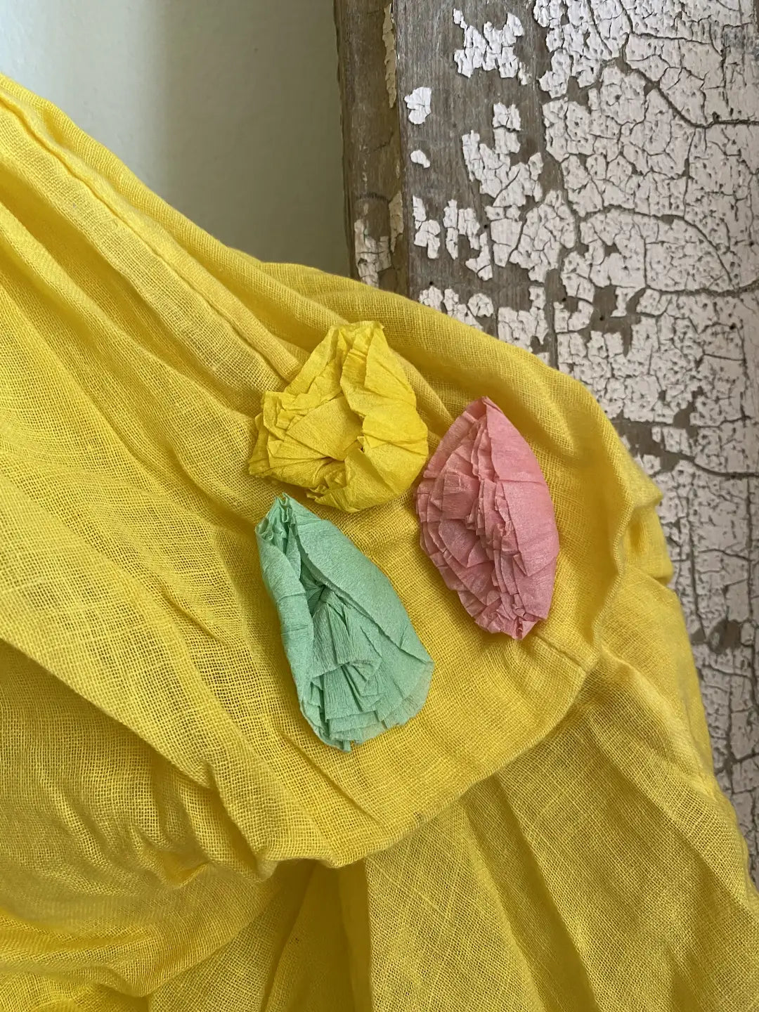 Vintage Yellow Dress Theater Costume Crepe Paper Flowers Sash