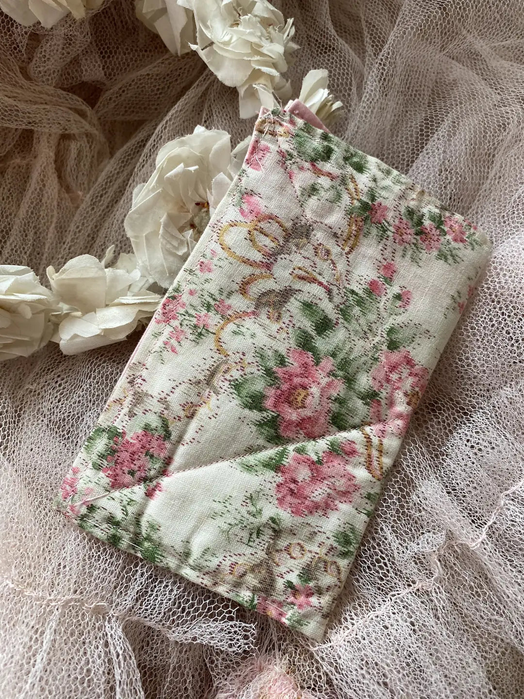 Vintage French Fabric Hankie Holder Pink Rose Floral