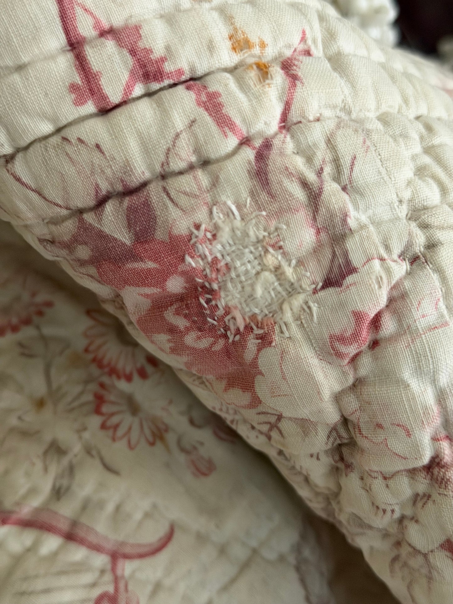 Antique French Boutis Quilt Soft Pink Roses Florals