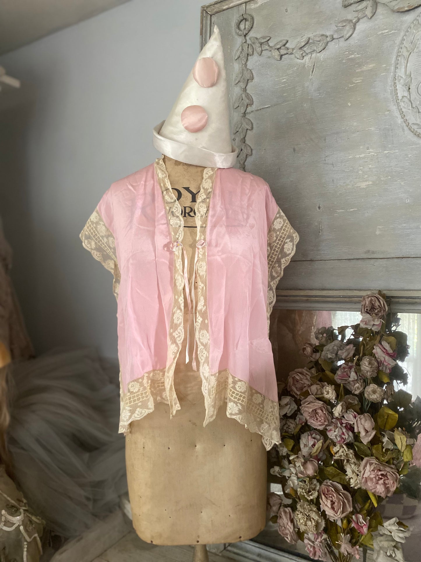 Antique 1920s Pink Silk Ribbonwork Dressing Top