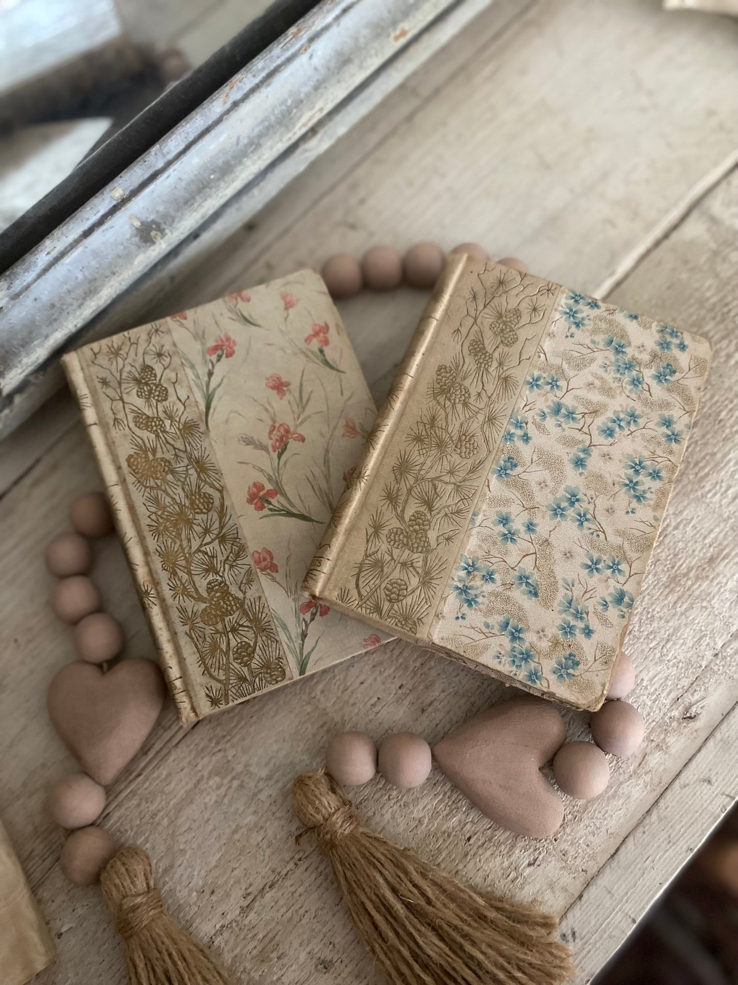 Pair Antique Decorative Books Gilt Blue Pink Flowers