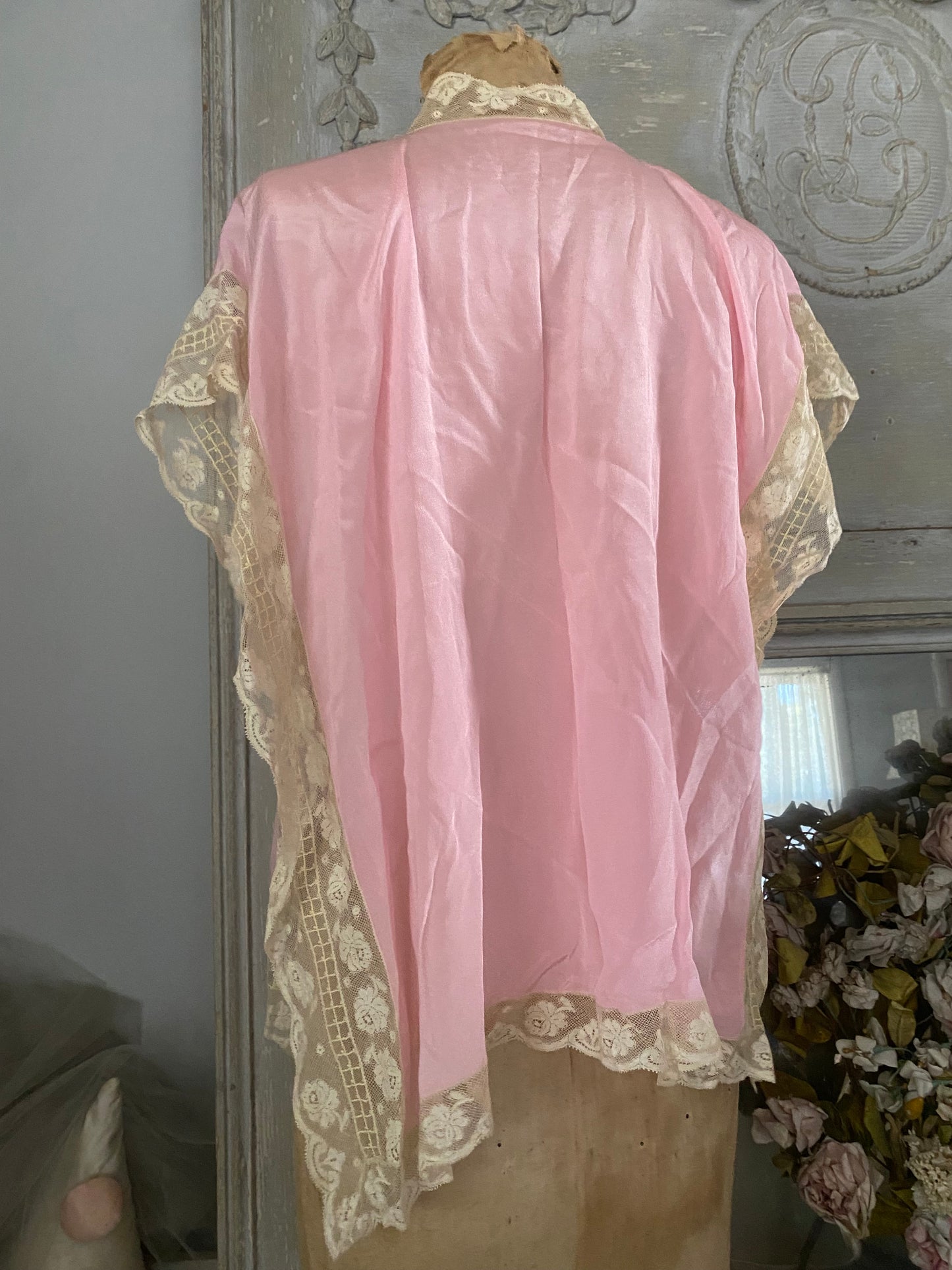 Antique 1920s Pink Silk Ribbonwork Dressing Top