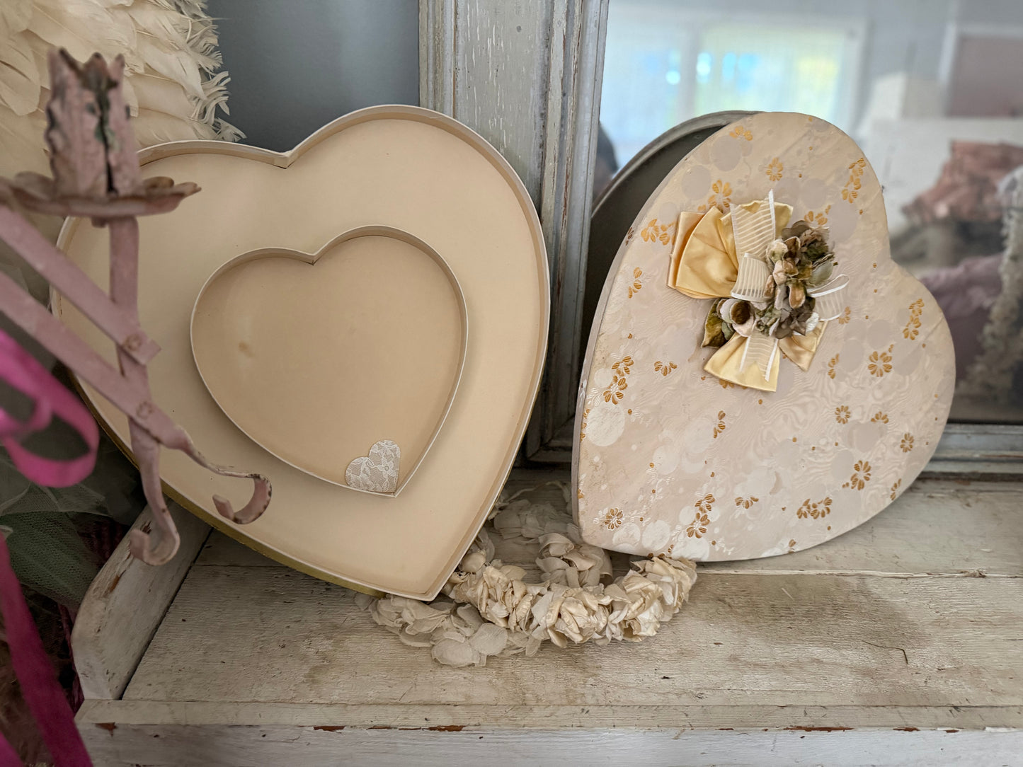 XL Vintage Gold Fabric Heart Candy Box Millinery Flowers Bow