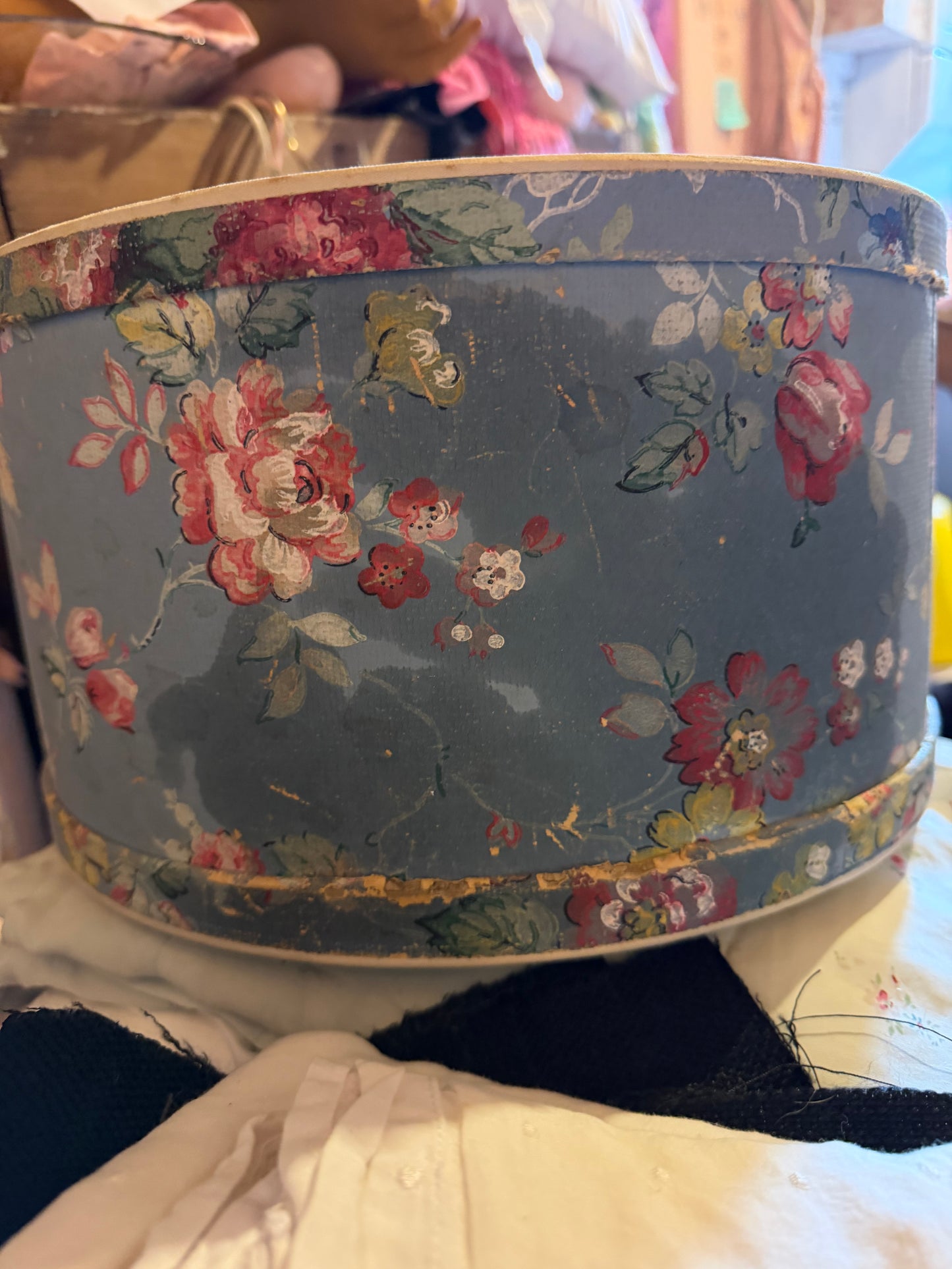 Pair Vintage Blue Floral Wallpaper Hat Boxes