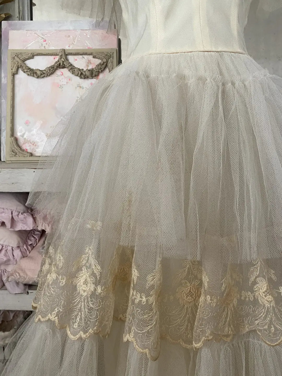 Vintage Prom Dress Layers Ruffled Tulle Lace Tambour Embroidery