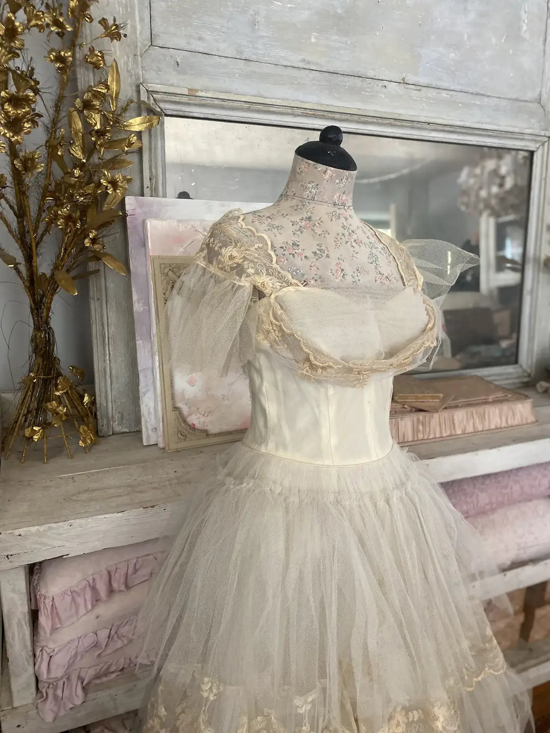 Vintage Prom Dress Layers Ruffled Tulle Lace Tambour Embroidery