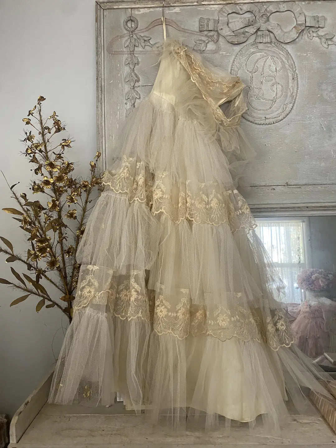 Vintage Prom Dress Layers Ruffled Tulle Lace Tambour Embroidery