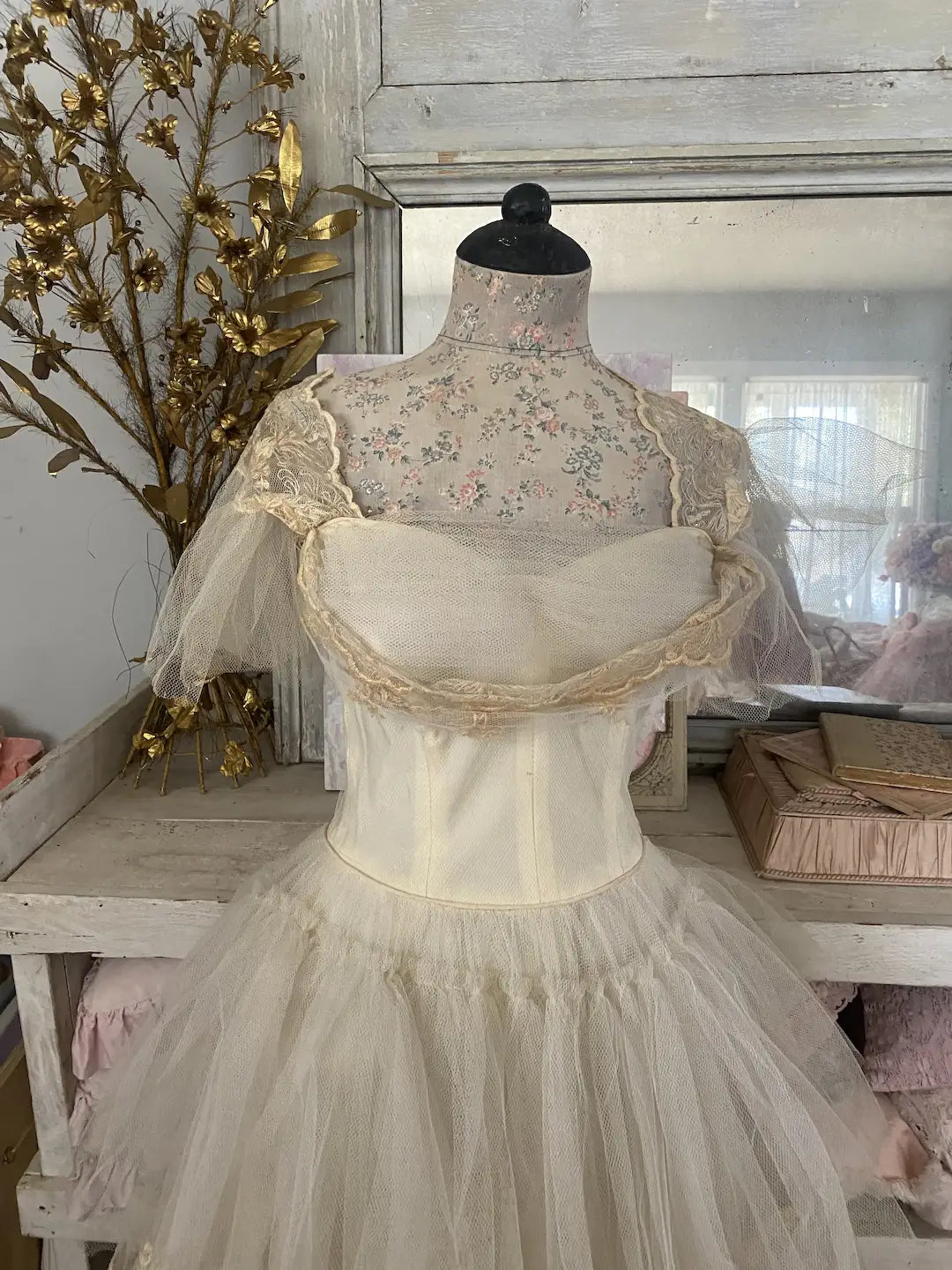 Vintage Prom Dress Layers Ruffled Tulle Lace Tambour Embroidery