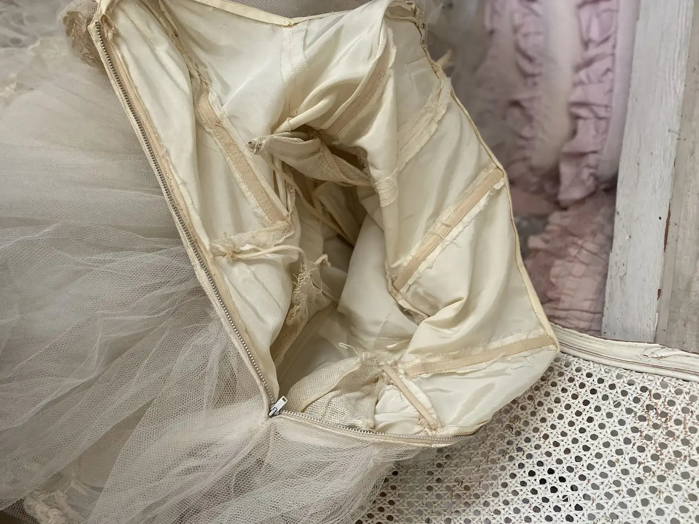 Vintage Prom Dress Layers Ruffled Tulle Lace Tambour Embroidery