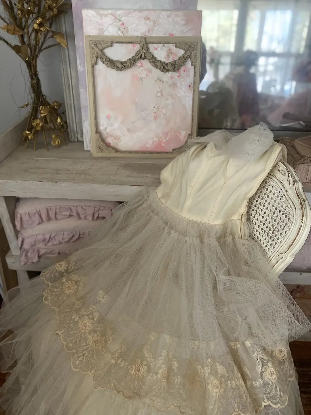 Vintage Prom Dress Layers Ruffled Tulle Lace Tambour Embroidery