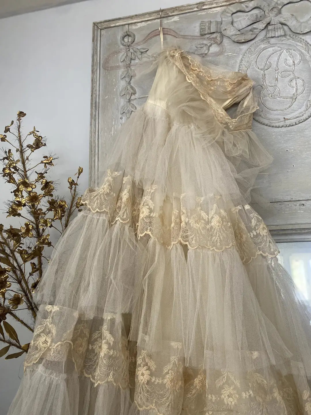 Vintage Prom Dress Layers Ruffled Tulle Lace Tambour Embroidery