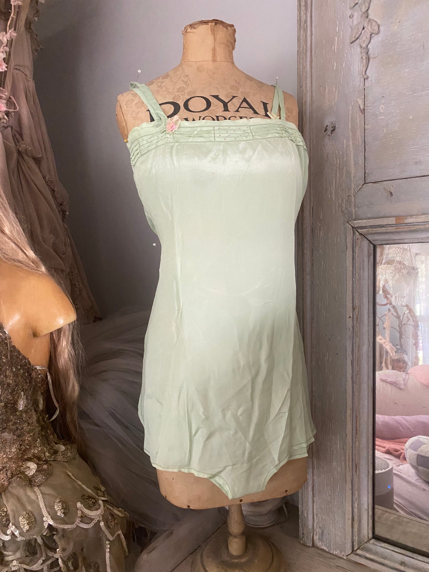 Antique 1920s Green Silk Ribbonwork Teddy