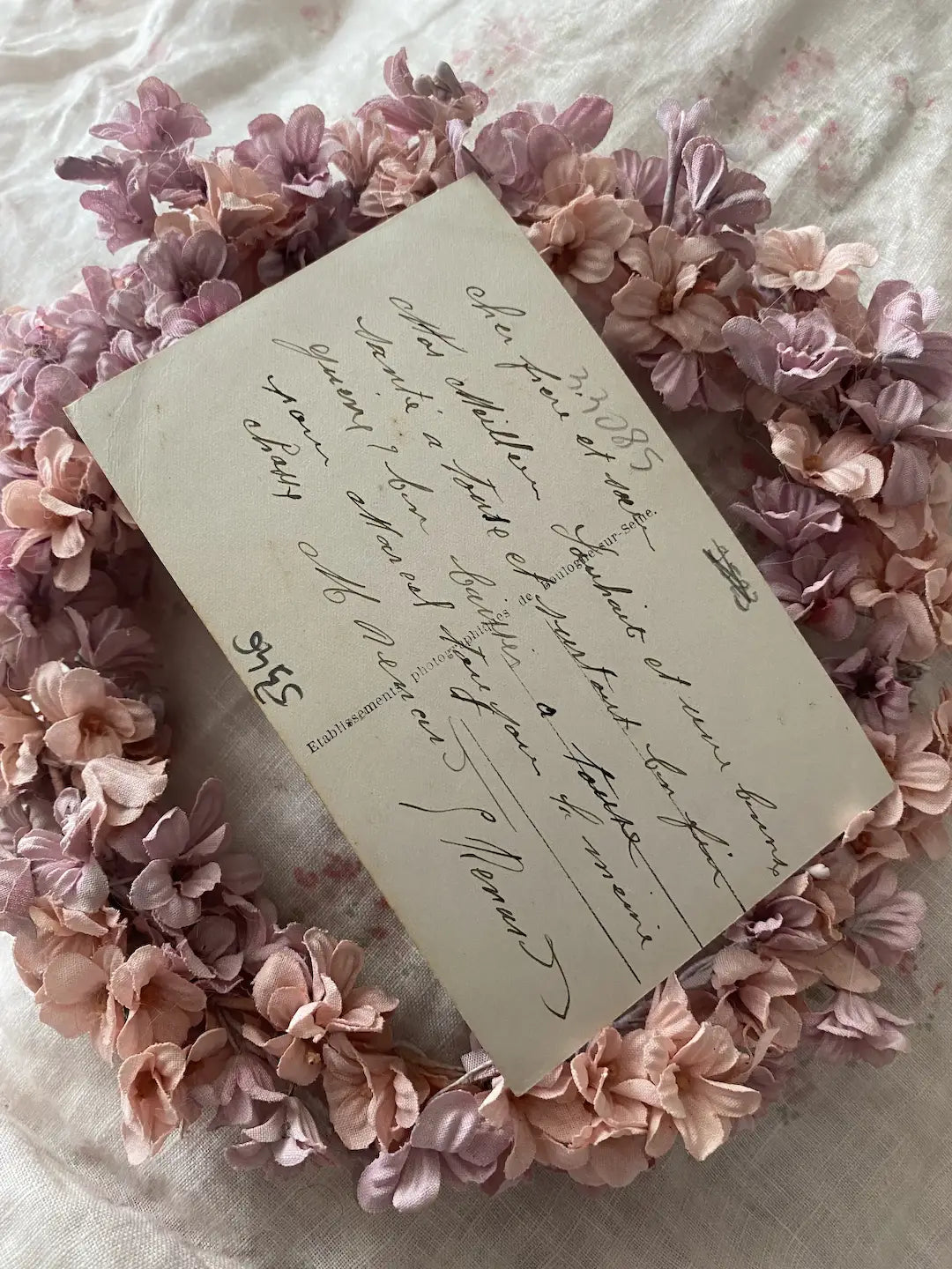 Antique French Postcard Flower Basket Ribbon Bows Purple